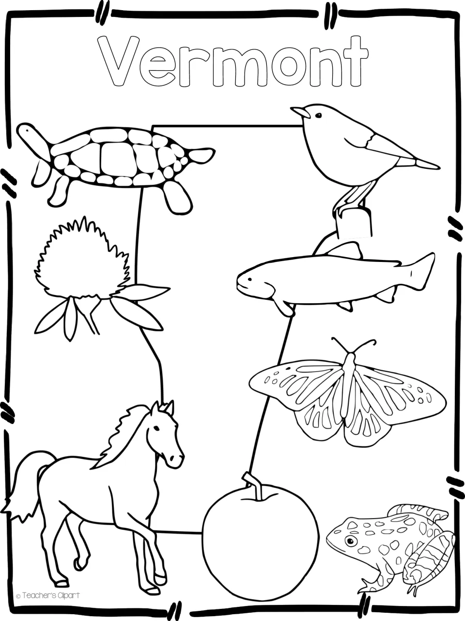 Vermont coloring page: outline of the state framed by a turtle, bird, fish, butterfly, frog, horse, apple and clover