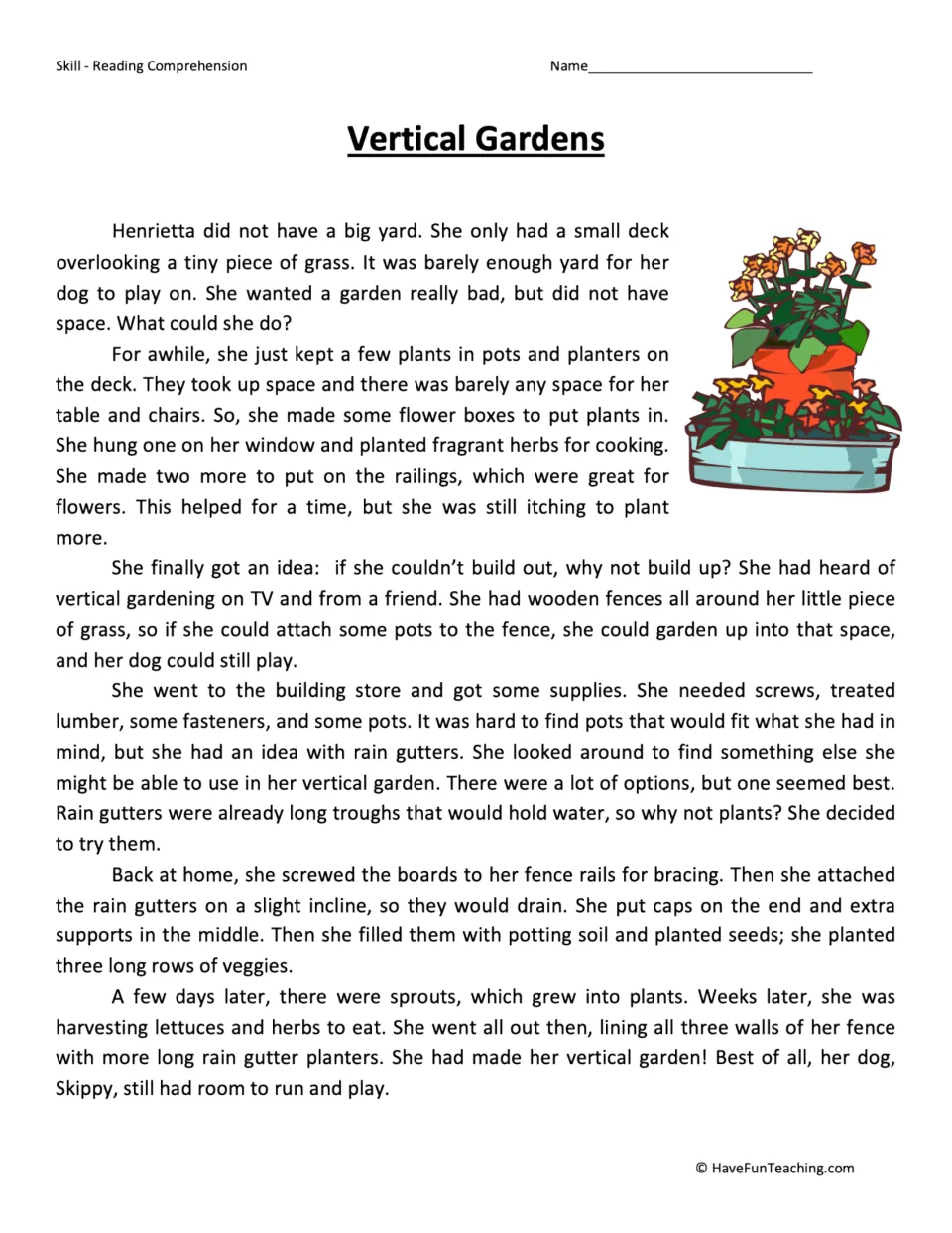Reading passage about Henrietta building a garden with rain gutters on her fence to save space for her dog.