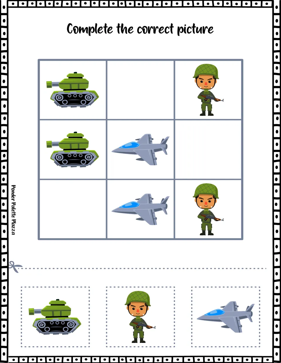Picture completion activity using soldier, tank, and jet cutouts to fill three missing picture spaces