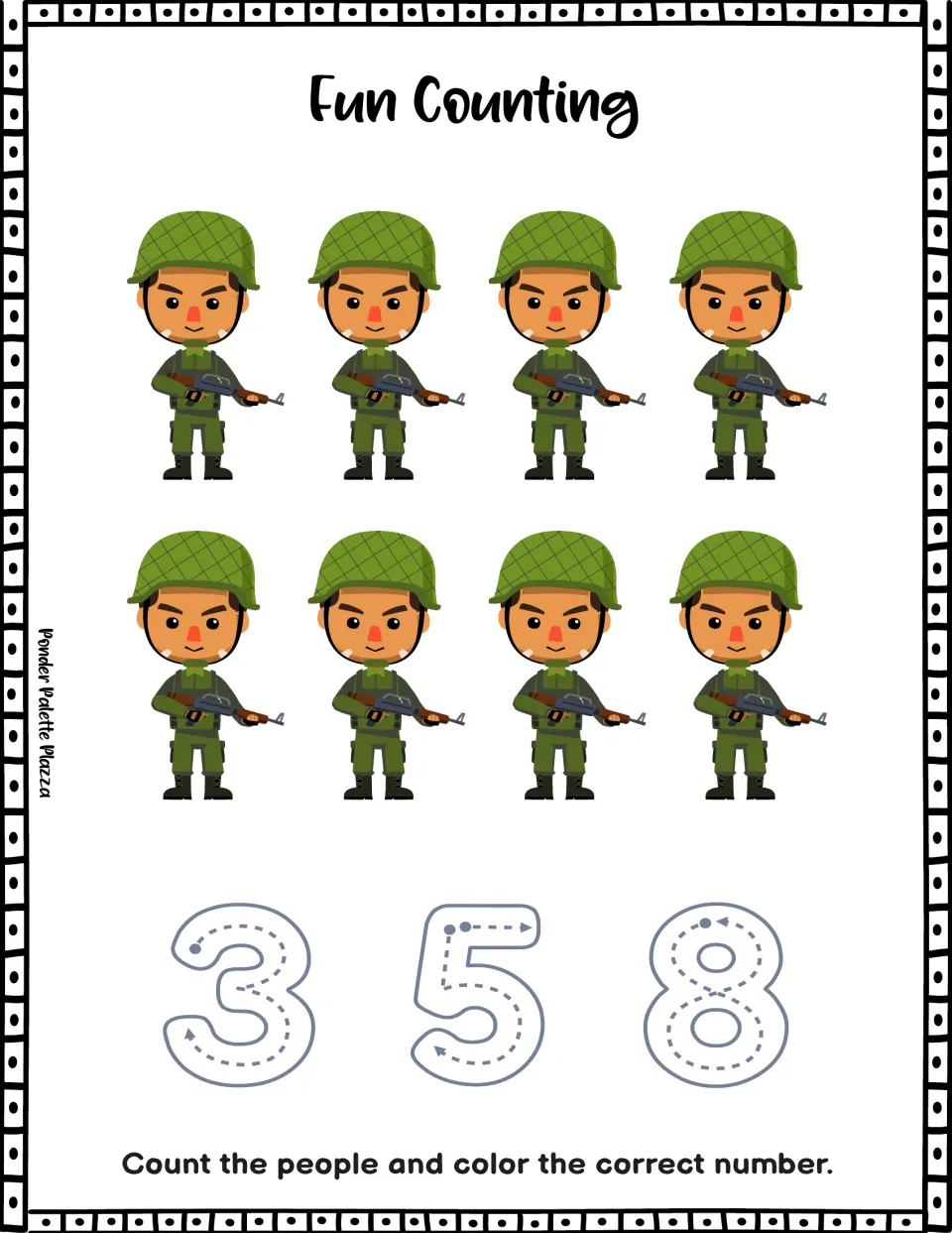 Counting activity showing eight soldiers and the choices 3, 5, and 8, with directions to color the correct number