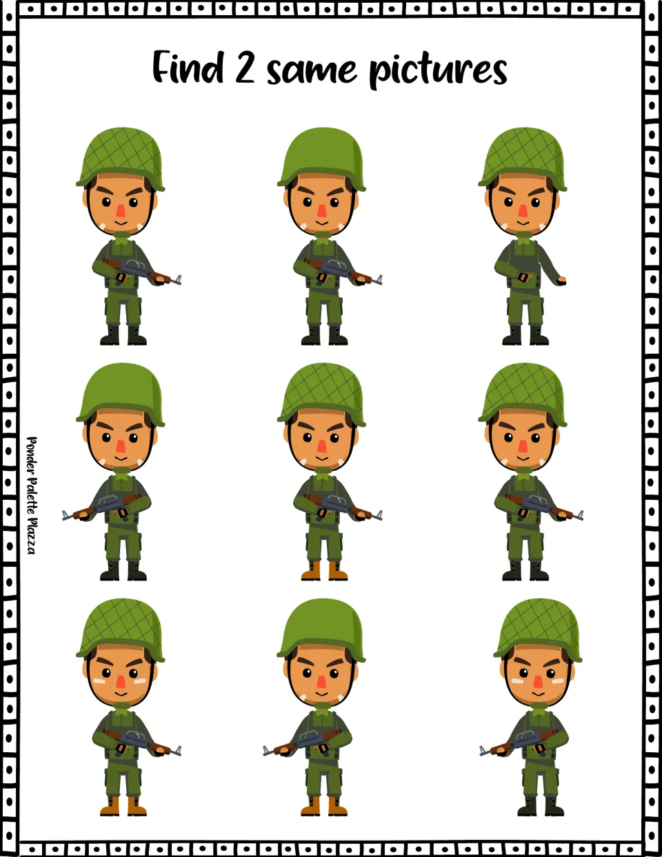 Visual matching activity asking students to find two identical soldiers among nine pictures with small differences