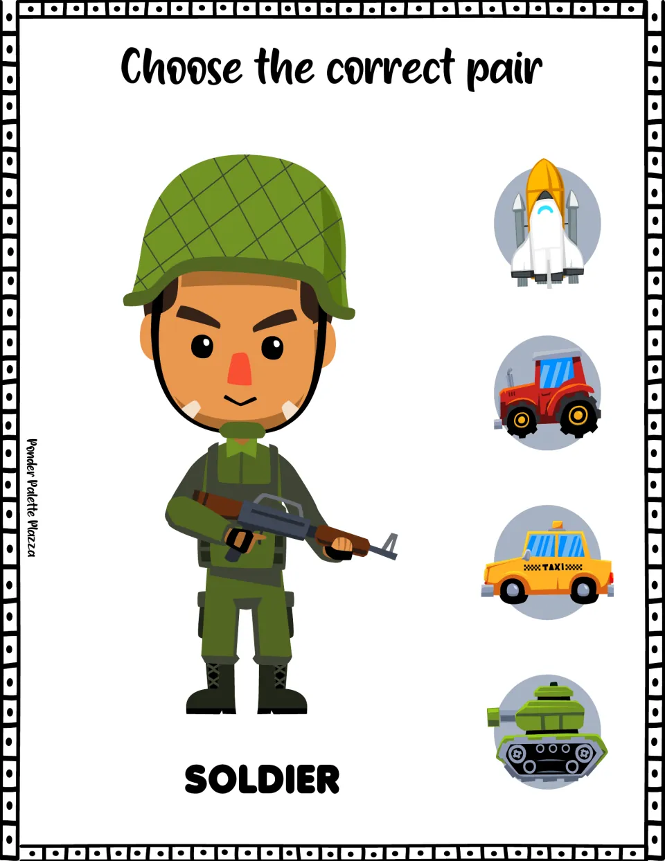 Soldier association activity asking students to choose the correct vehicle: space shuttle, tractor, taxi, or tank