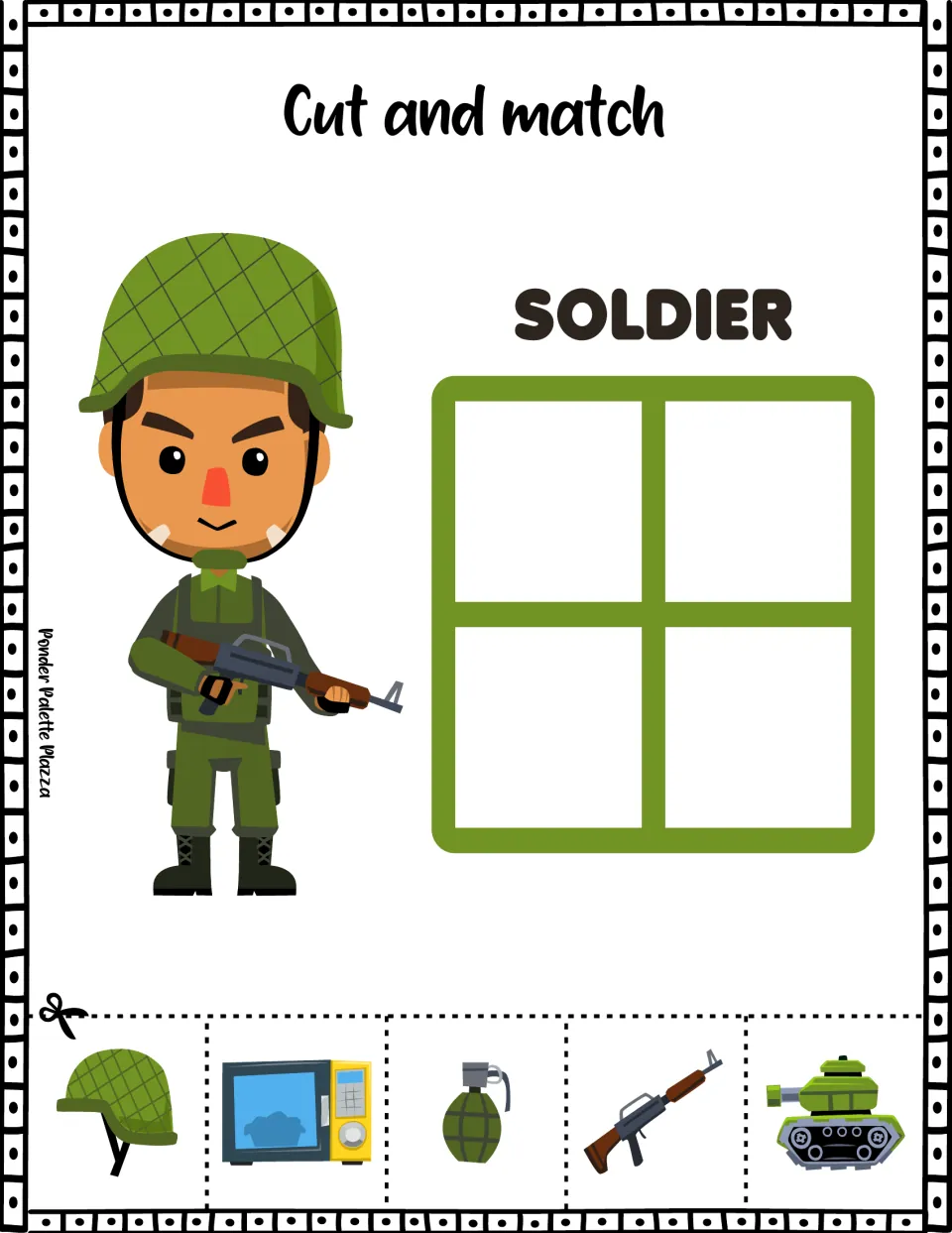 Soldier cut-and-match activity offering a helmet, microwave, grenade, rifle, and tank to select and paste