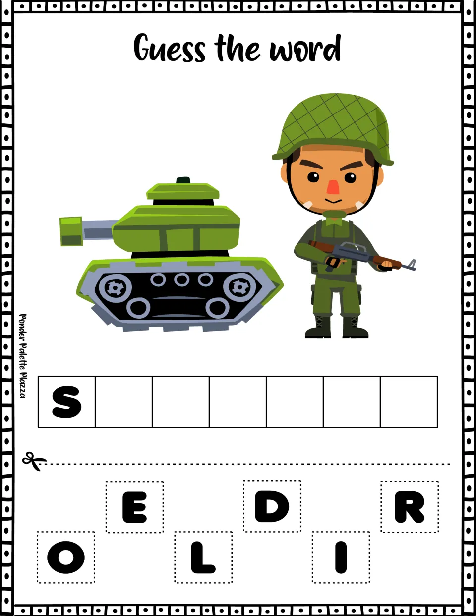Soldier spelling activity showing a tank and soldier, an initial S, and cutout letters E, D, R, O, L, and I