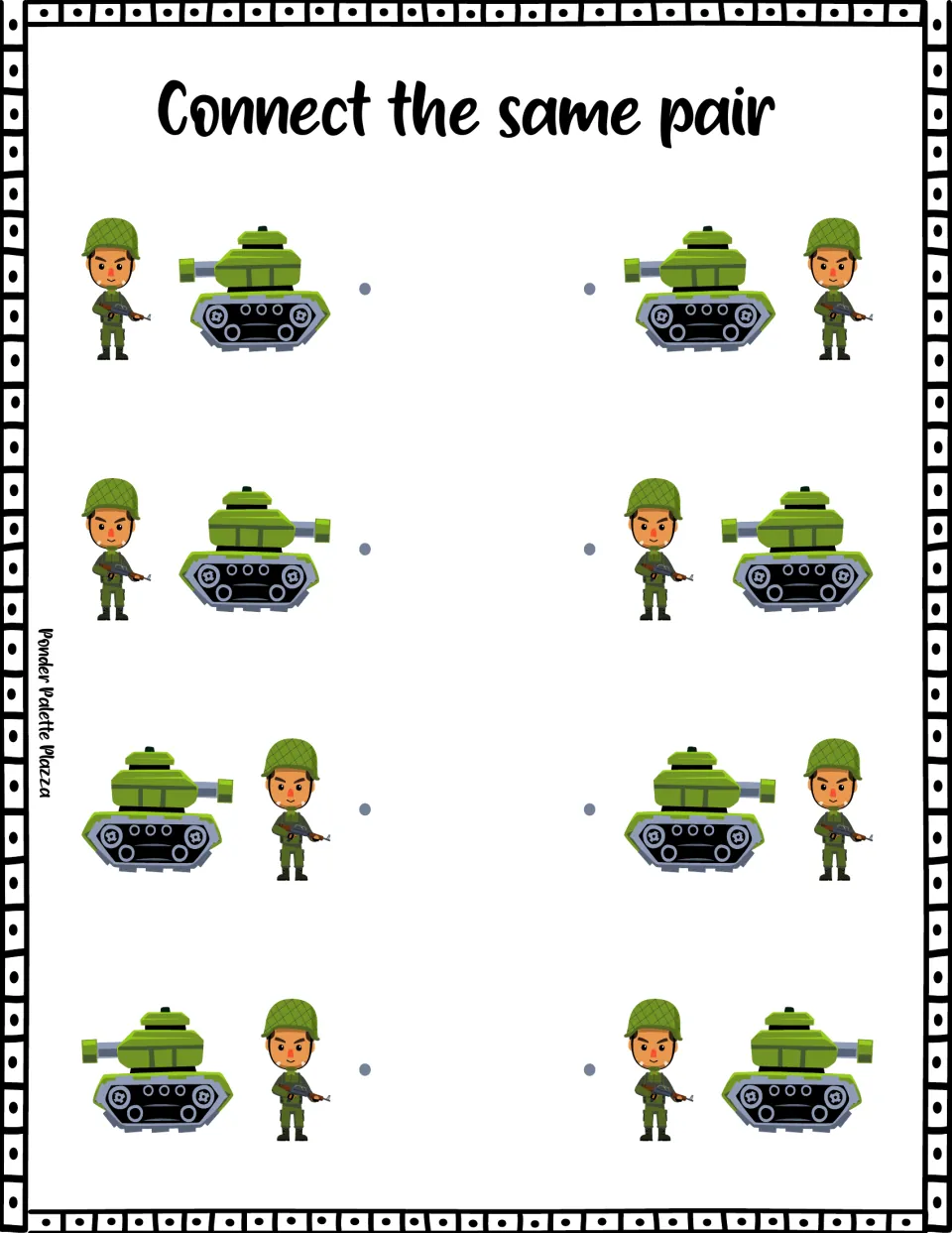 Pair-matching activity using four soldier-and-tank arrangements that differ in order and tank direction