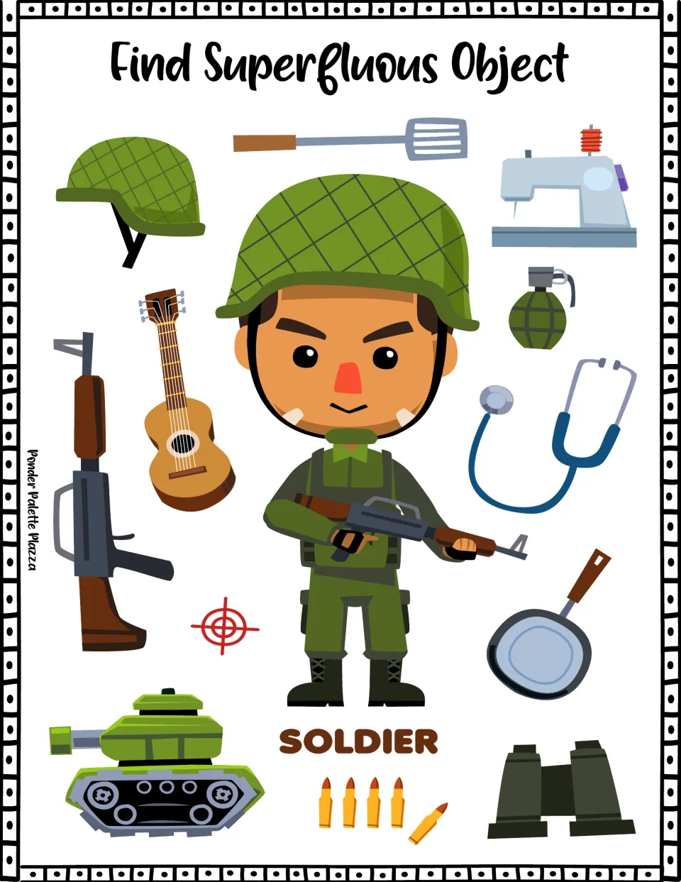 Soldier sorting activity asking students to find unrelated objects among military gear and everyday items