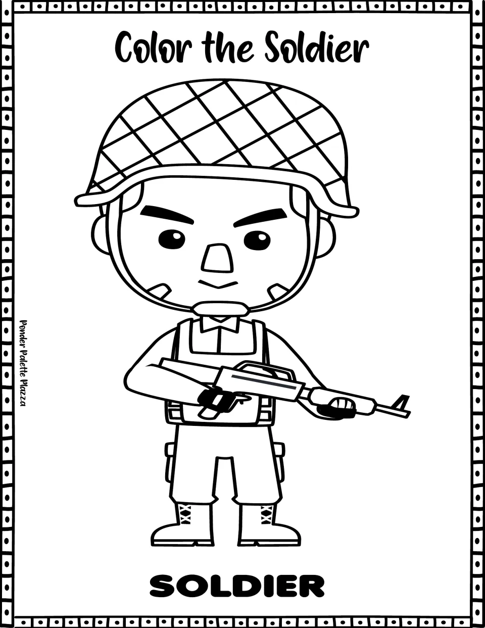 Soldier coloring activity featuring an outlined soldier wearing a helmet and holding a rifle, labeled SOLDIER