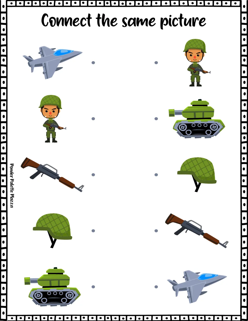 Picture-matching activity asking students to connect identical jets, soldiers, rifles, helmets, and tanks