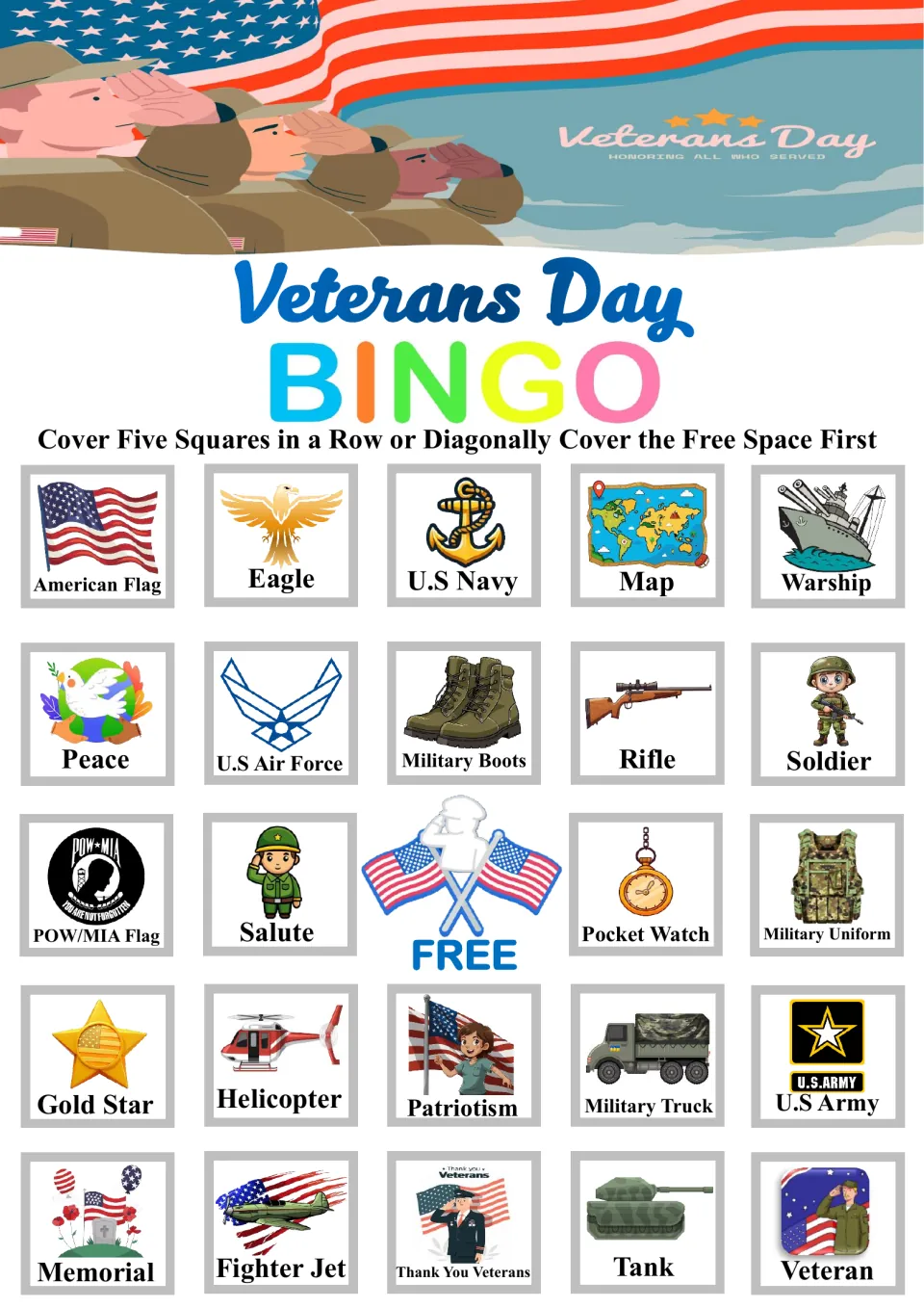 Bingo board 1: American Flag, Eagle, U.S Navy, Map and Warship across the top, plus a free center space