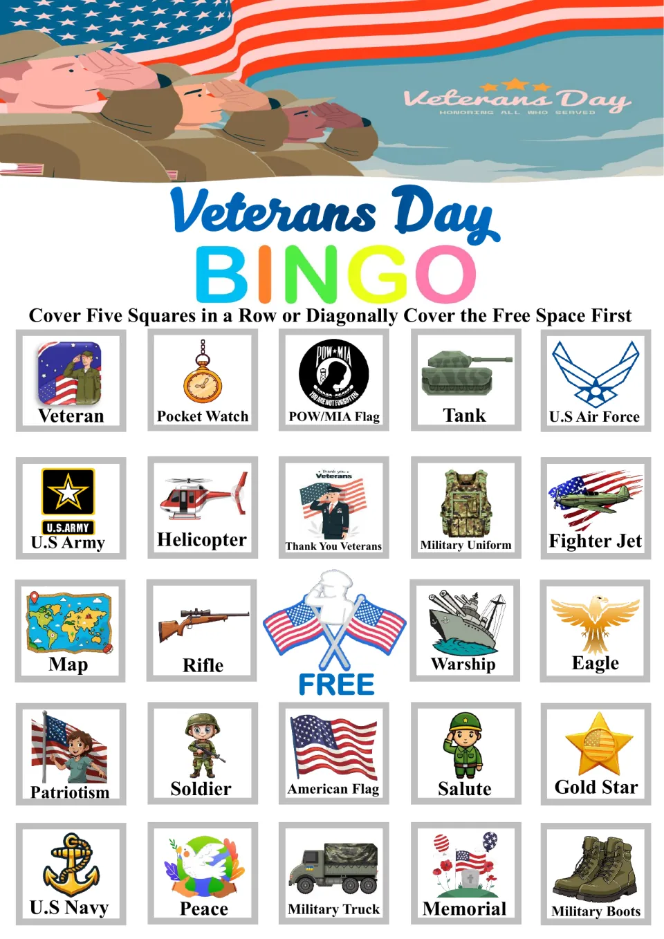 Bingo board 2: Veteran, Pocket Watch, POW/MIA Flag, Tank and U.S Air Force across the top; center is free