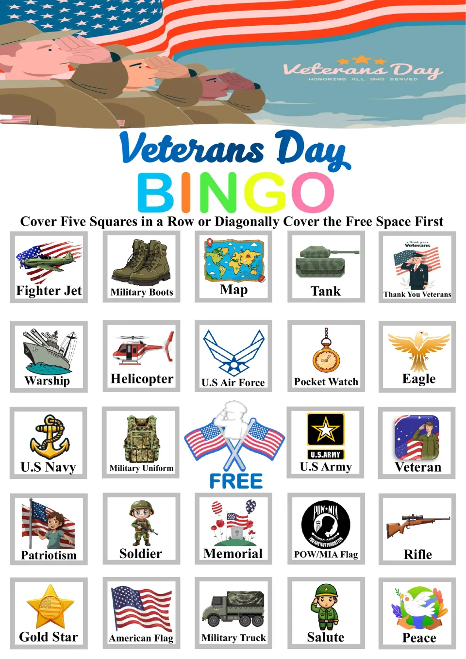 Bingo board 3: Fighter Jet, Military Boots, Map, Tank and Thank You Veterans across the top; free center