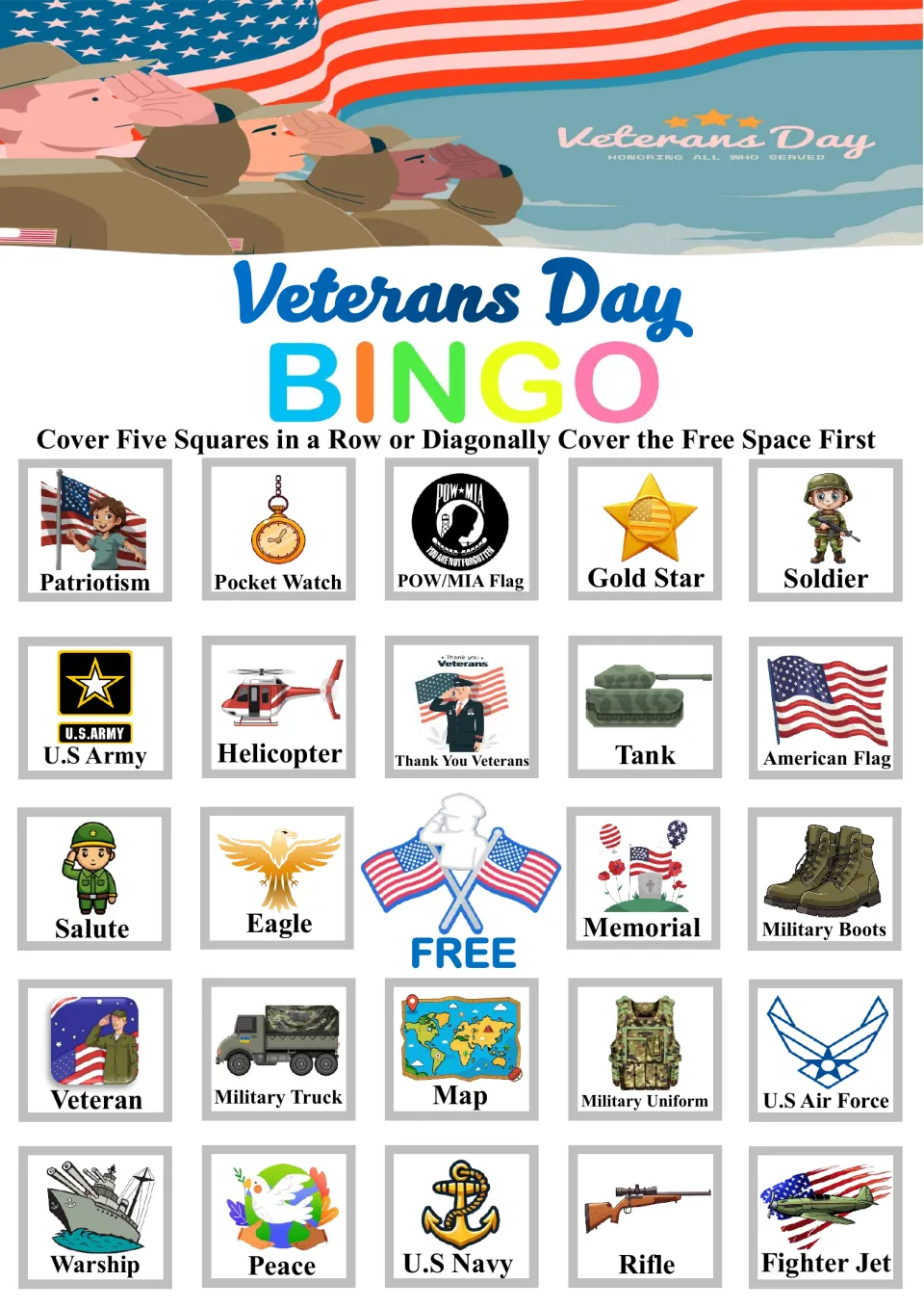 Bingo board 4: Patriotism, Pocket Watch, POW/MIA Flag, Gold Star and Soldier across the top; free center