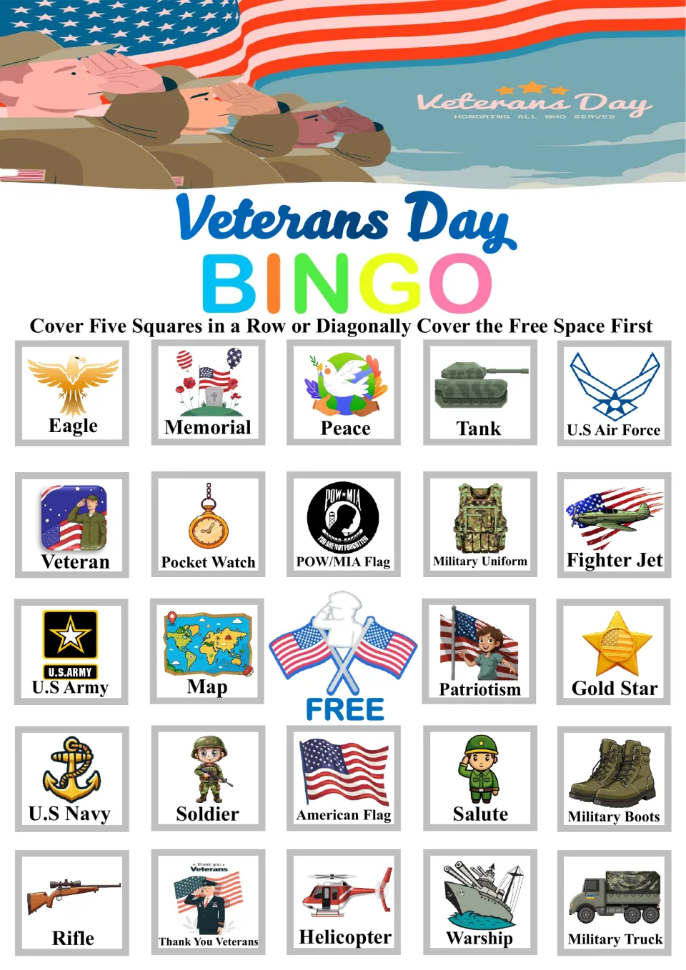 Bingo board 5: Eagle, Memorial, Peace, Tank and U.S Air Force across the top, plus a free center space