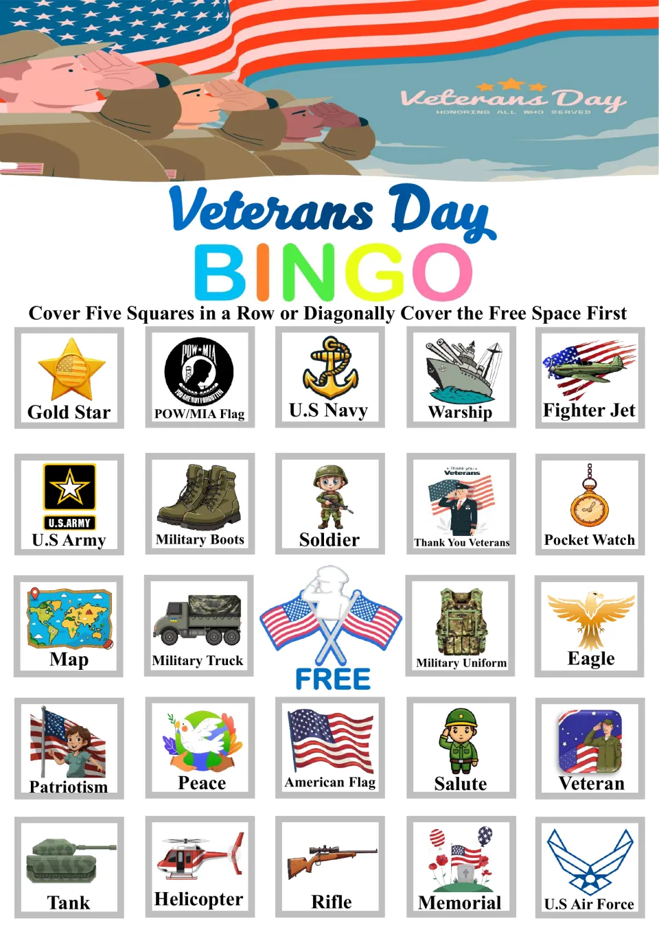 Bingo board 6: Gold Star, POW/MIA Flag, U.S Navy, Warship and Fighter Jet across the top; free center