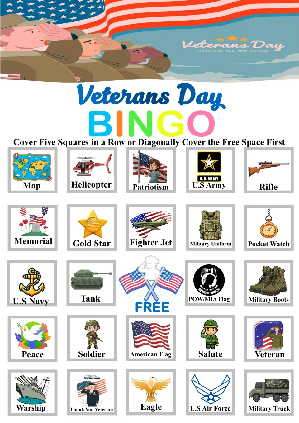 Bingo board 7: Map, Helicopter, Patriotism, U.S Army and Rifle across the top, plus a free center space