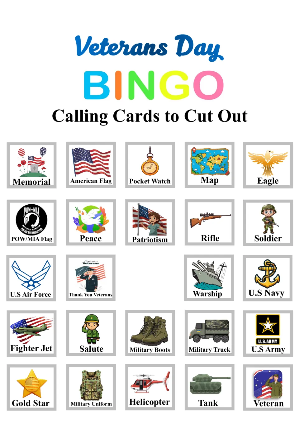 Bingo calling sheet: 24 picture-and-word cards to cut out, including Memorial, American Flag and Eagle