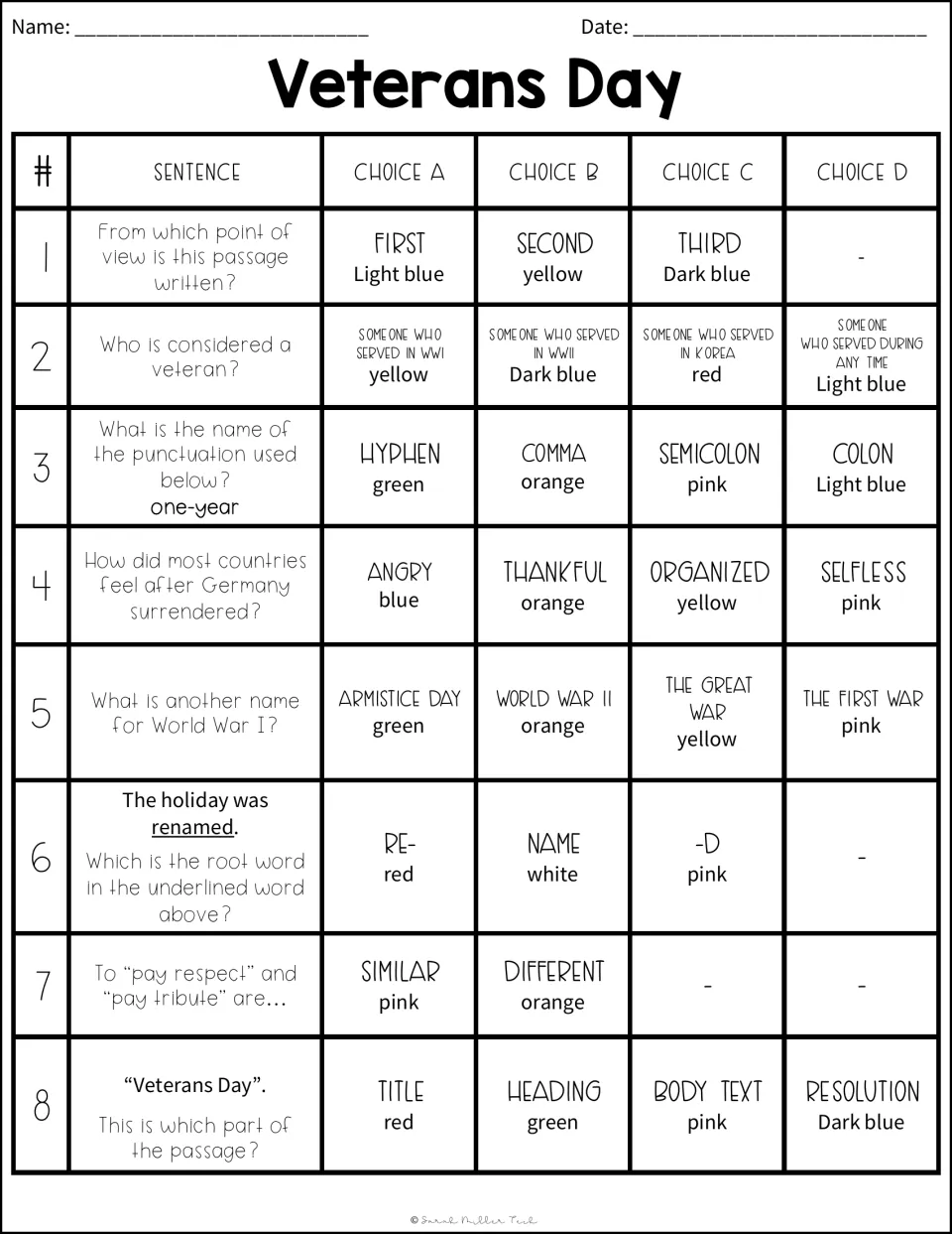 Color-coded questions 1–8 cover point of view, veterans, hyphens, World War I, root words, and the title