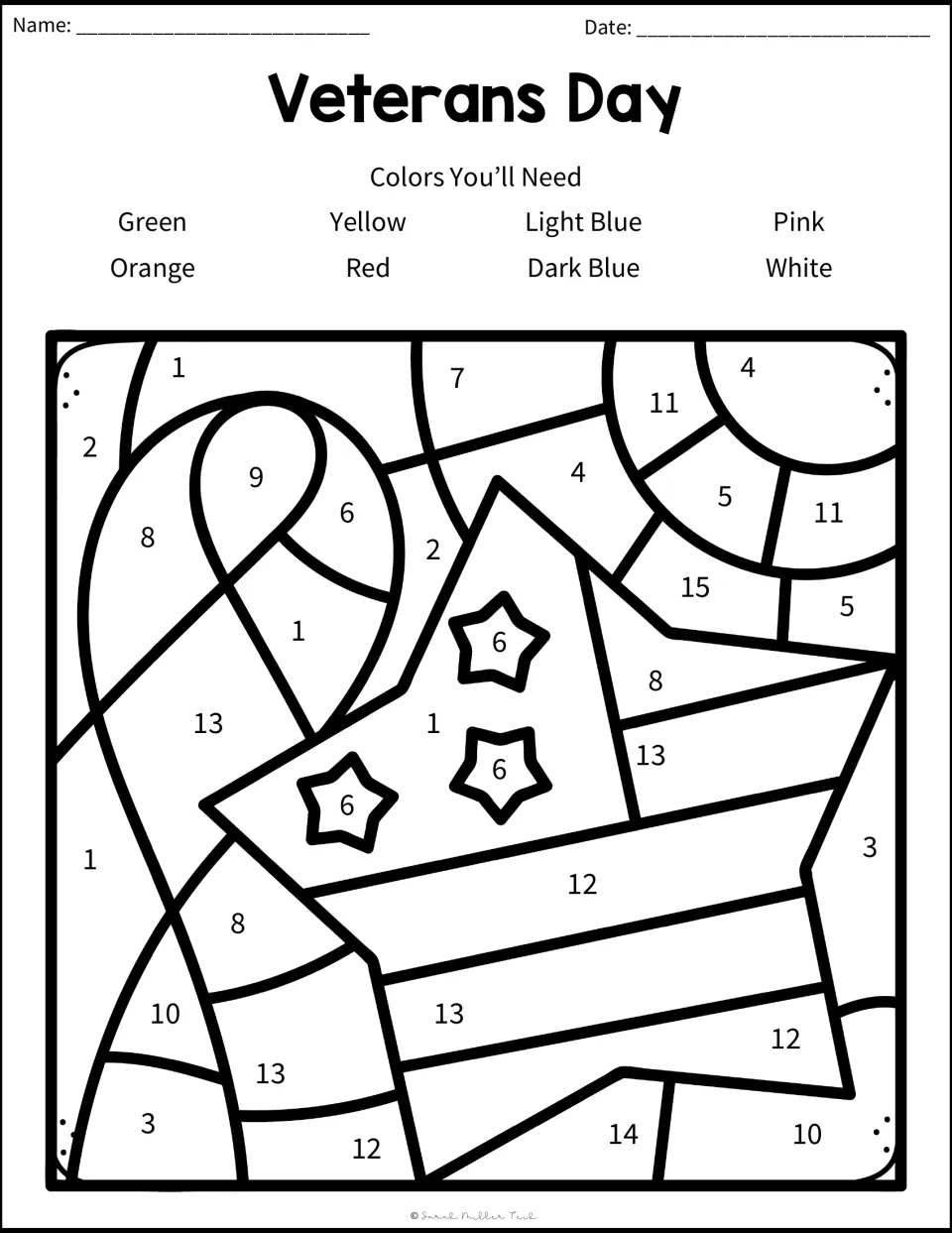 Numbered coloring picture of a striped star and ribbon uses colors from answers to the 15 reading questions