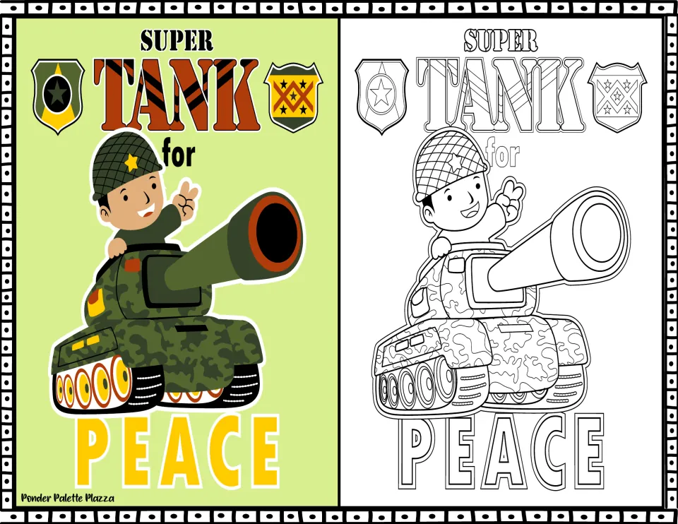 Super Tank for Peace: a smiling soldier waves from a camouflage tank, shown in color beside a line-art version to color