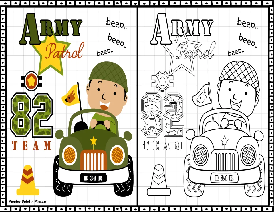 Army Patrol 82 Team: a cartoon soldier drives a jeep past a traffic cone, in a color sample and a line drawing to color in