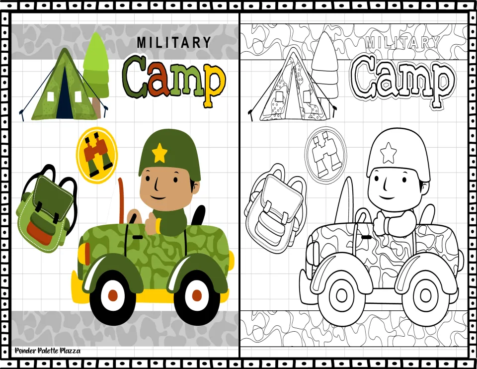 Military Camp: a soldier in a camouflage jeep with a tent, tree, backpack and binoculars, in color and outline to color
