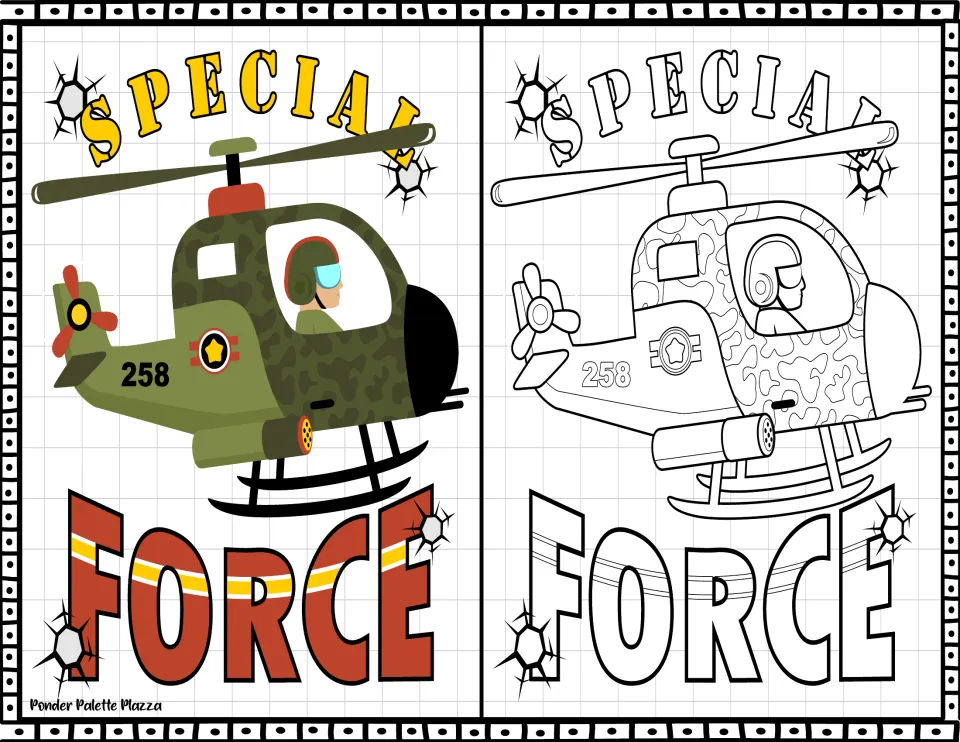 Special Force: a pilot flies a camouflage helicopter numbered 258, shown as a colored example next to an outline to color