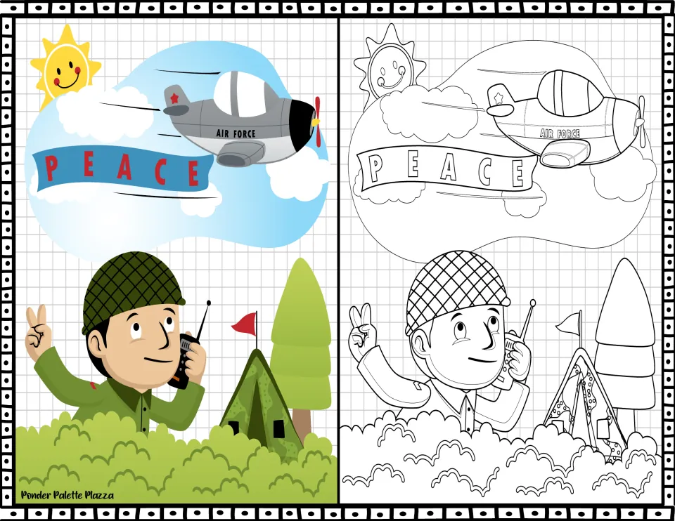 Peace banner: an Air Force plane tows a PEACE sign over a soldier on a radio by a tent, in color and as line art to color