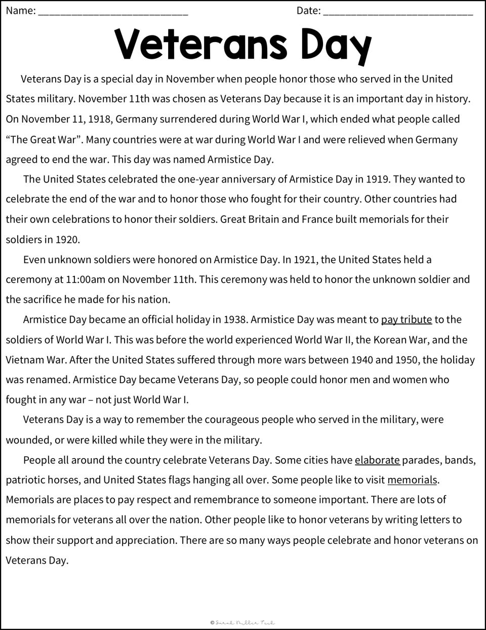 Reading passage about Veterans Day, its origins as Armistice Day, military service, and ways to honor veterans.