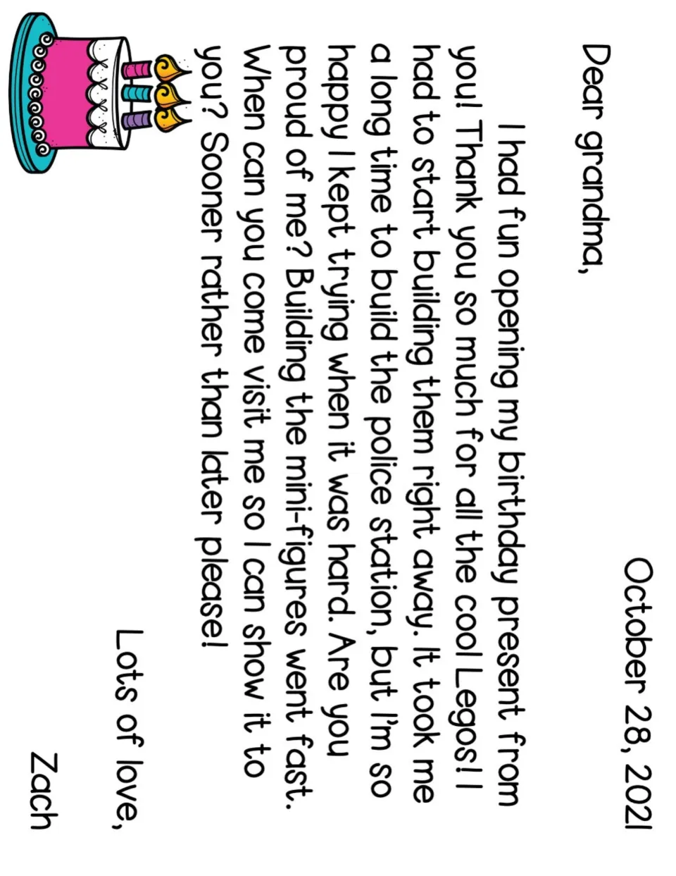 Mentor letter in color: Zach thanks his grandma for a birthday Lego set, showing date, greeting, body, closing, signature