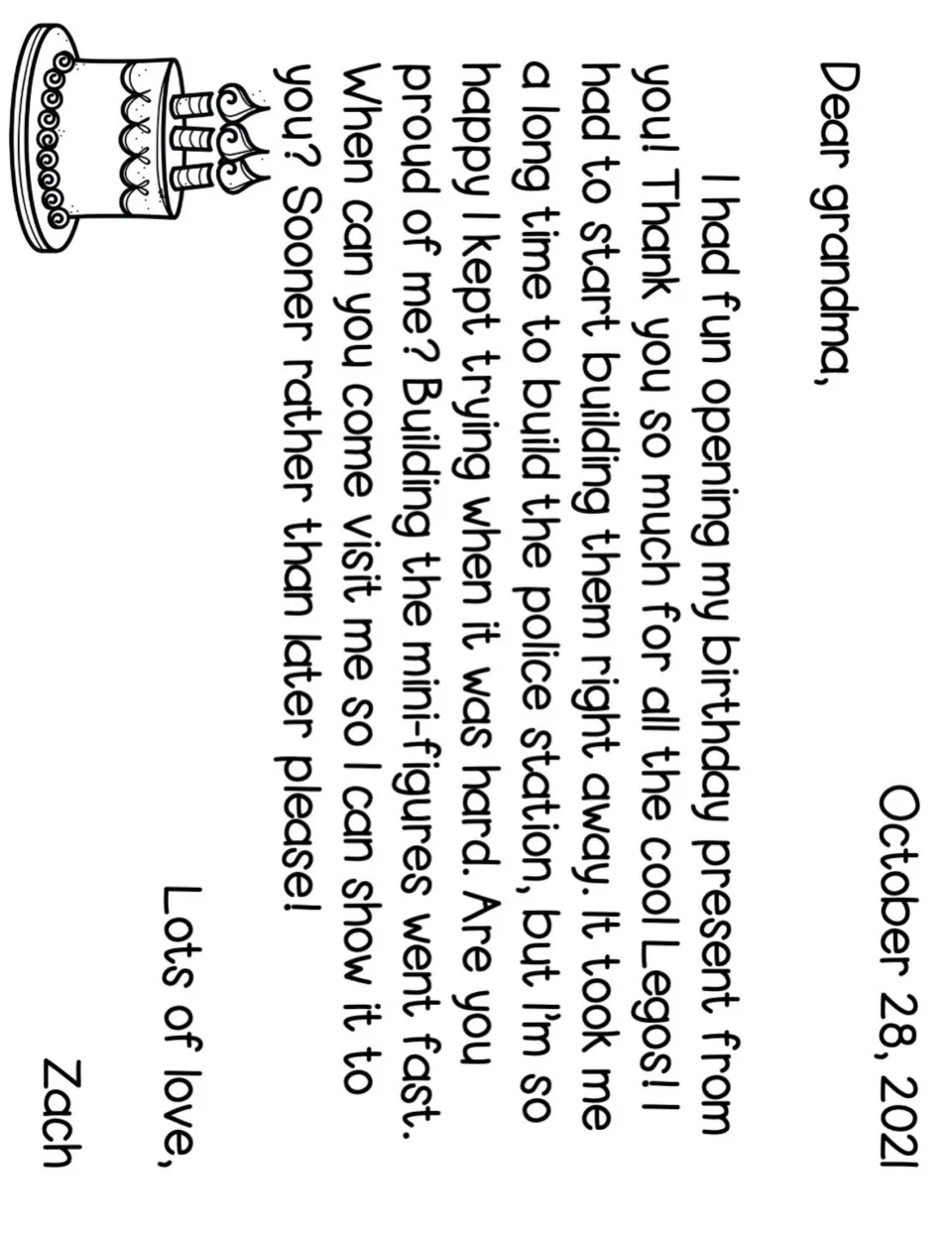 Black-and-white version of Zach's thank-you letter to grandma about building a Lego police station, with a cake drawing