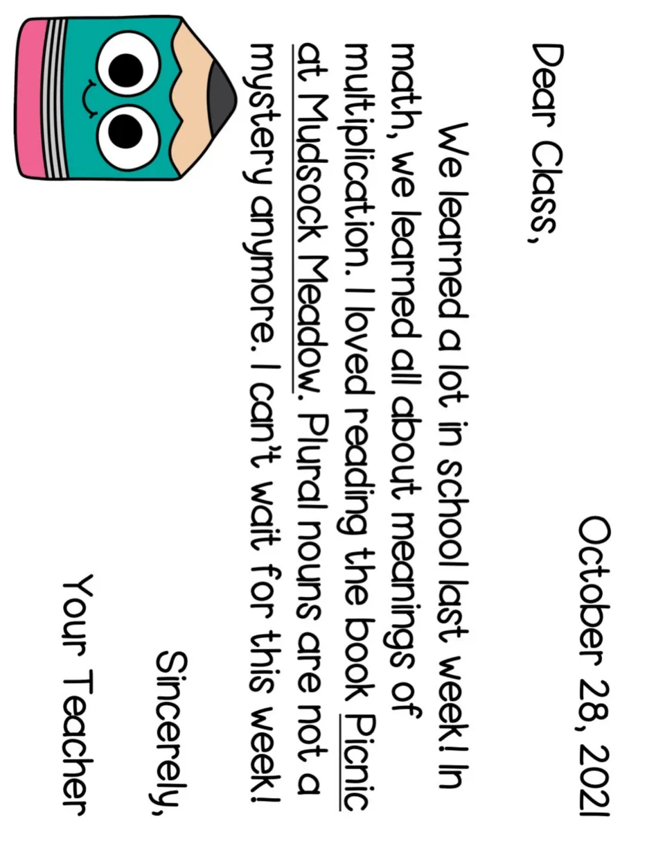 Mentor letter in color: a teacher writes Dear Class about multiplication and plural nouns, signed Sincerely, Your Teacher