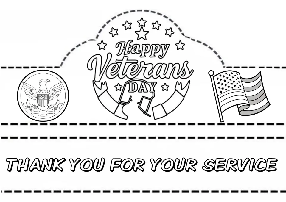 Hat and crown craft design 1: “Happy Veterans Day” with a “Thank You for Your Service” band and U.S. flag