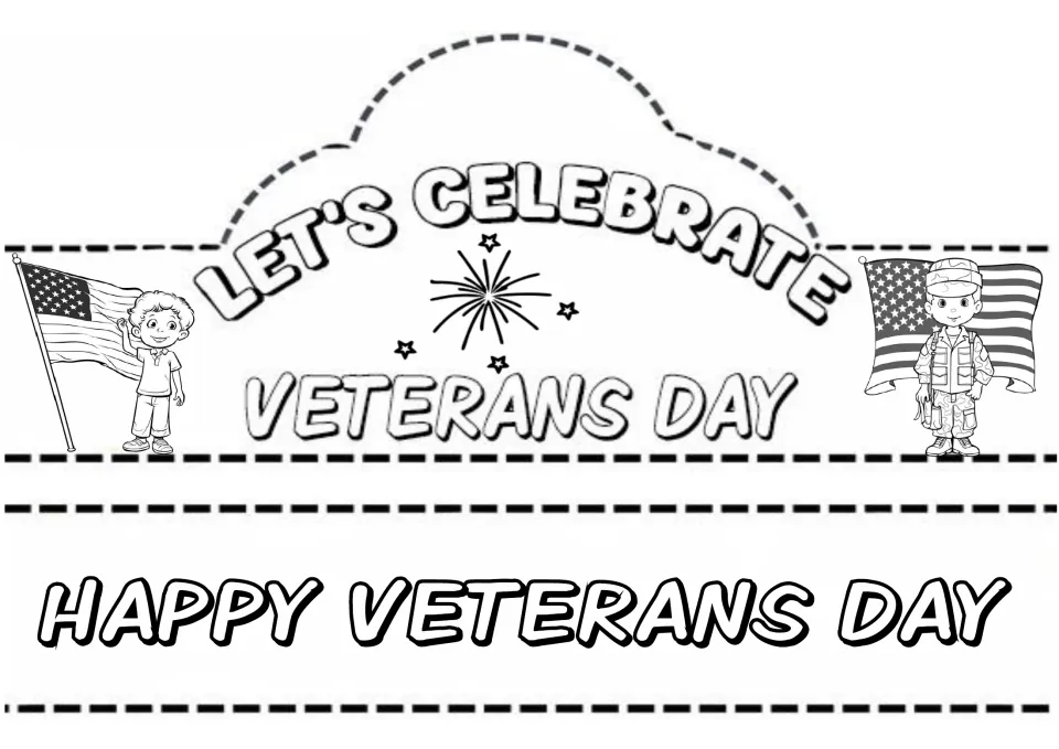 Hat and crown craft design 2: “Let's Celebrate Veterans Day” with a “Happy Veterans Day” band and soldiers