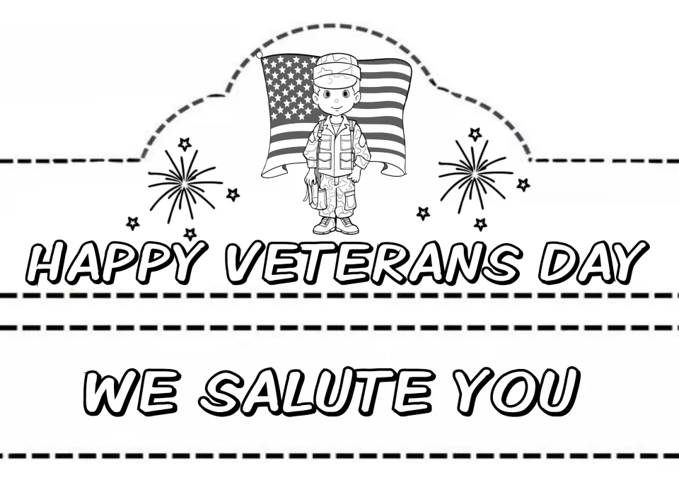 Hat and crown craft design 3: “Happy Veterans Day” with a “We Salute You” band and a soldier by a U.S. flag