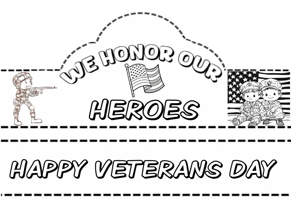 Hat and crown craft design 4: “We Honor Our Heroes” with a “Happy Veterans Day” band and military figures