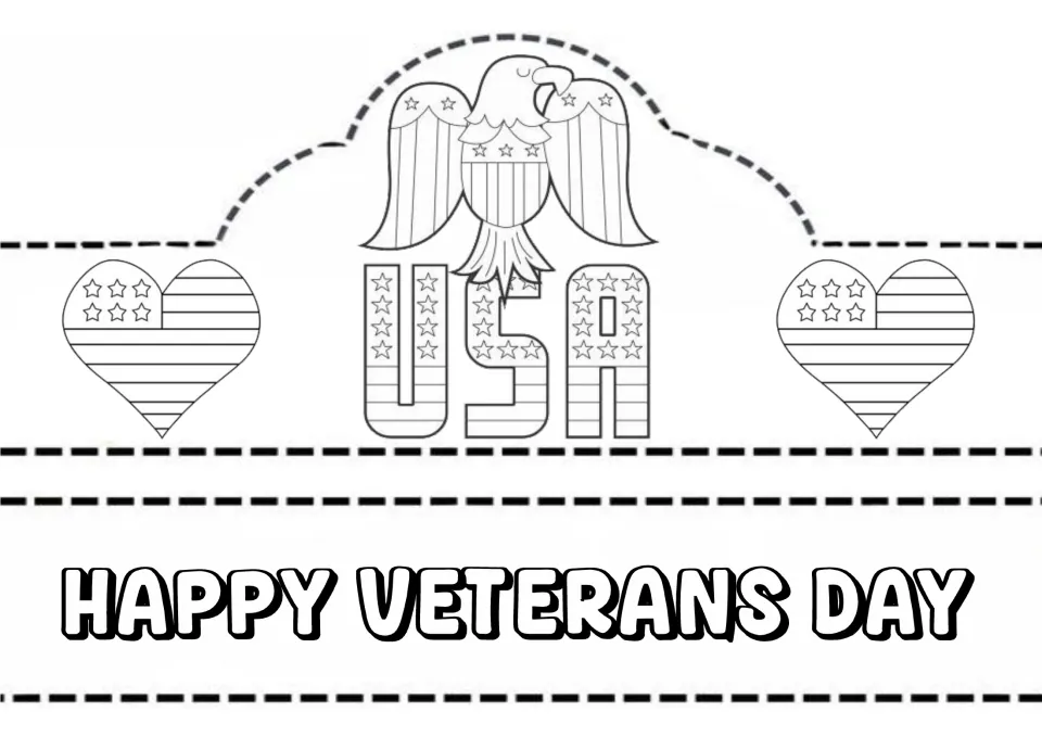 Hat and crown craft design 5: an eagle above “USA,” flag-patterned hearts, and a “Happy Veterans Day” band