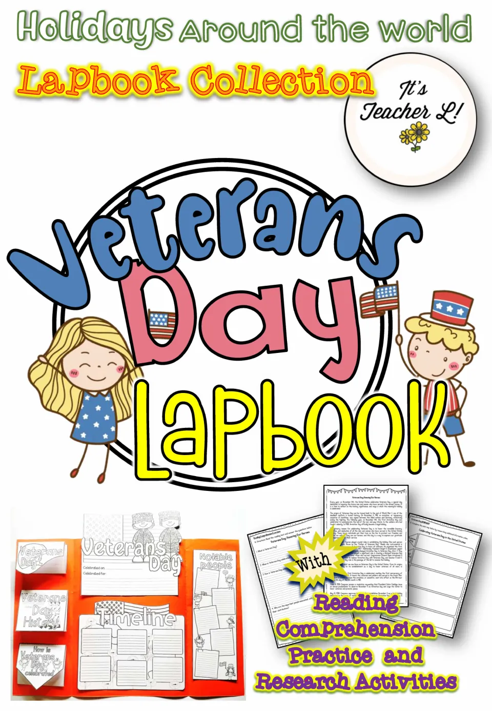 Veterans Day lapbook cover showing a finished orange lapbook plus reading comprehension practice and research activities