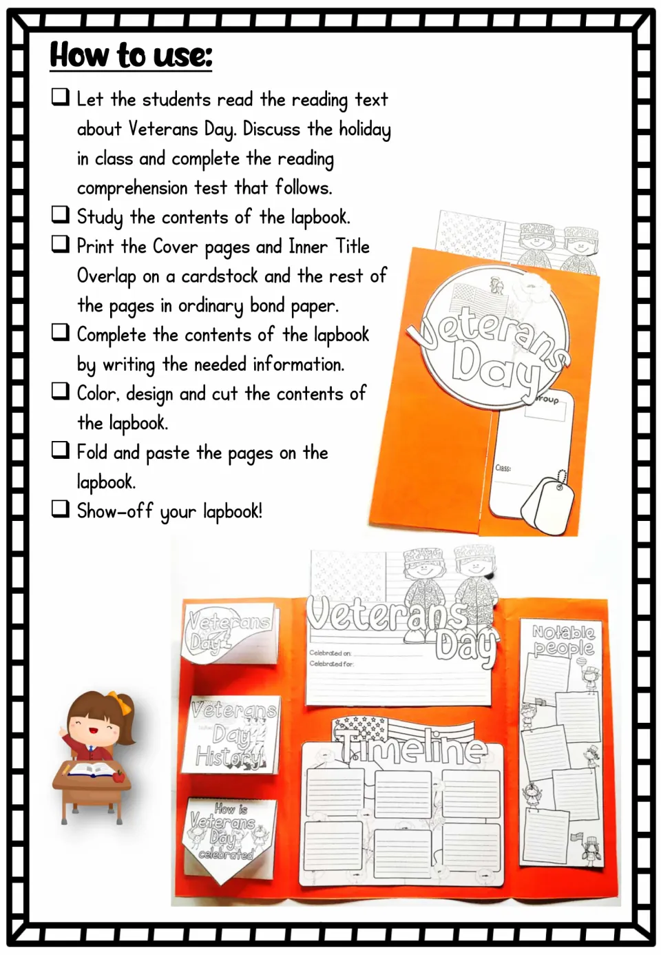 How to use: read the Veterans Day text, take the comprehension test, then complete, color, cut and paste lapbook parts