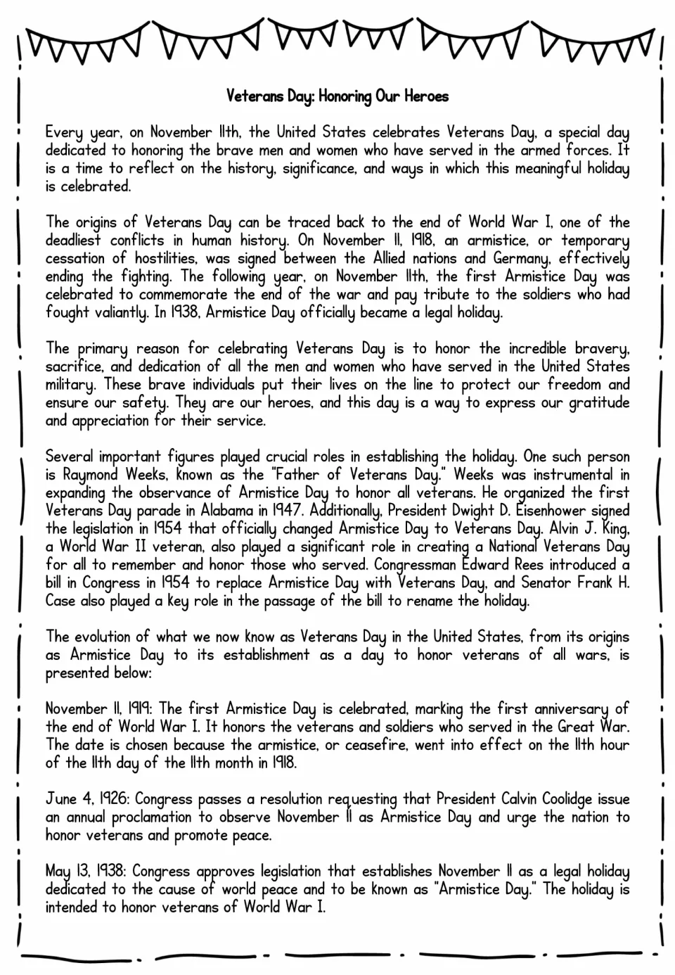Veterans Day: Honoring Our Heroes reading passage on Armistice Day origins, Raymond Weeks and key dates to 1938