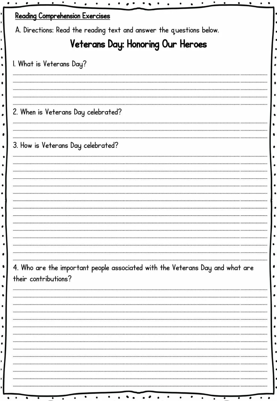 Reading comprehension exercises: four questions on what Veterans Day is, when and how it is celebrated, and key people