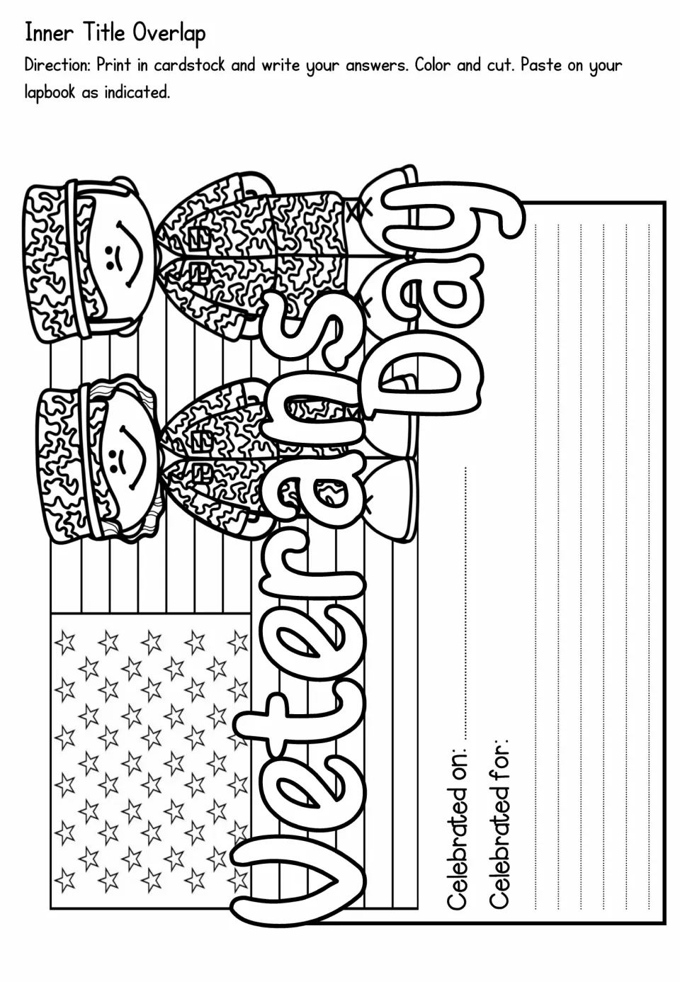 Inner title overlap with soldiers and a flag: students write when Veterans Day is celebrated and what it is for