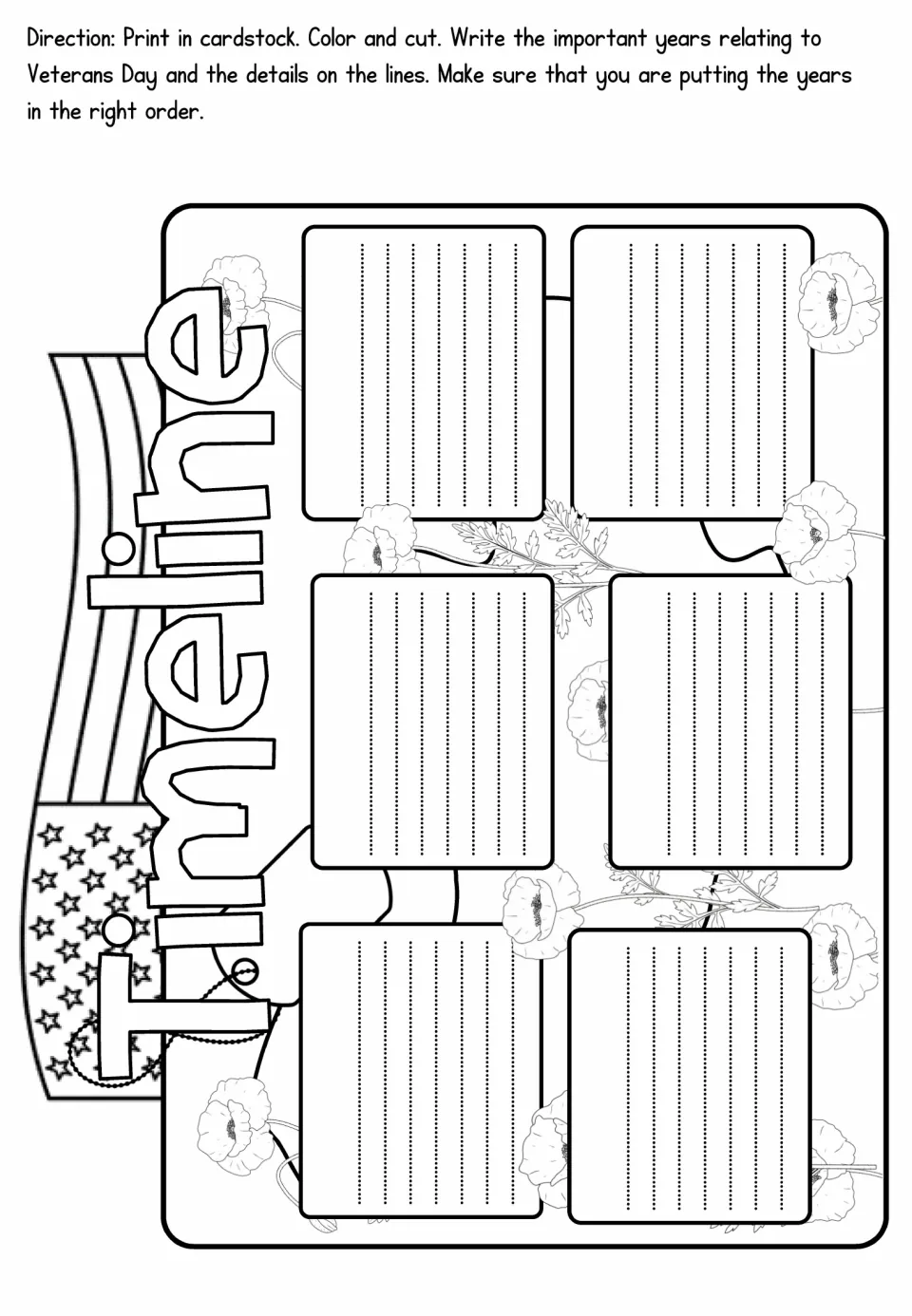 Veterans Day timeline: students write six important years and details in chronological order, then color and cut