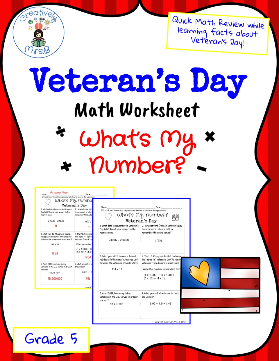Cover: Veteran's Day Math Worksheet, What's My Number?, showing the six-question sheet and its answer key