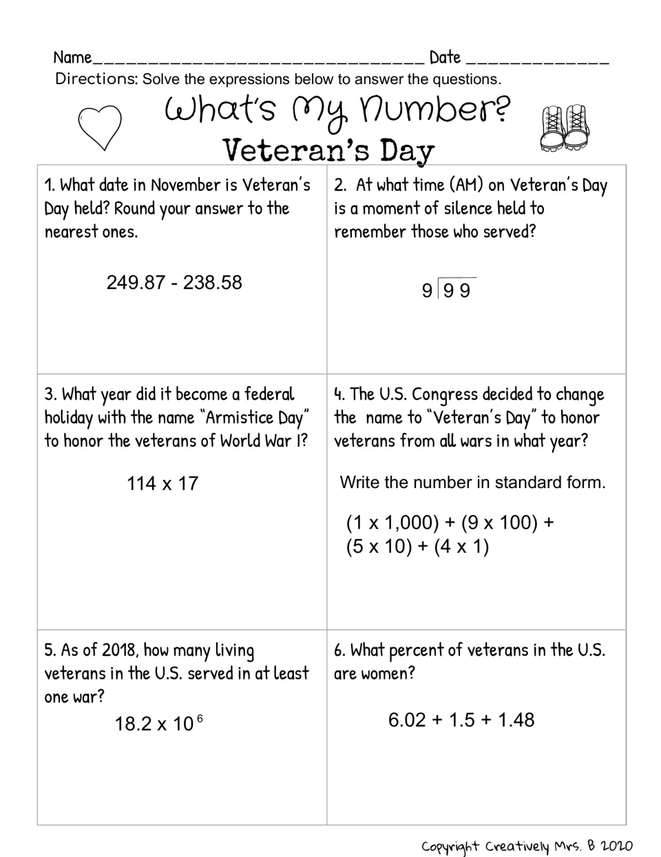 Veteran's Day facts: students solve decimal, multiplication, division and expanded-form problems to answer 6 questions