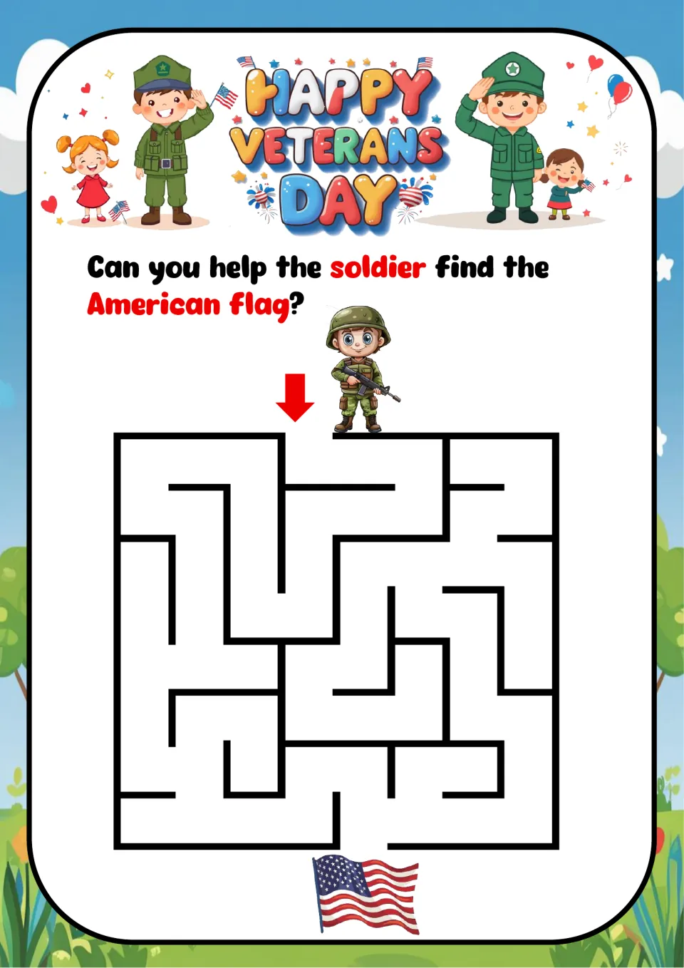 Veterans Day maze 1: follow a path through the square puzzle to help the soldier find the American flag.