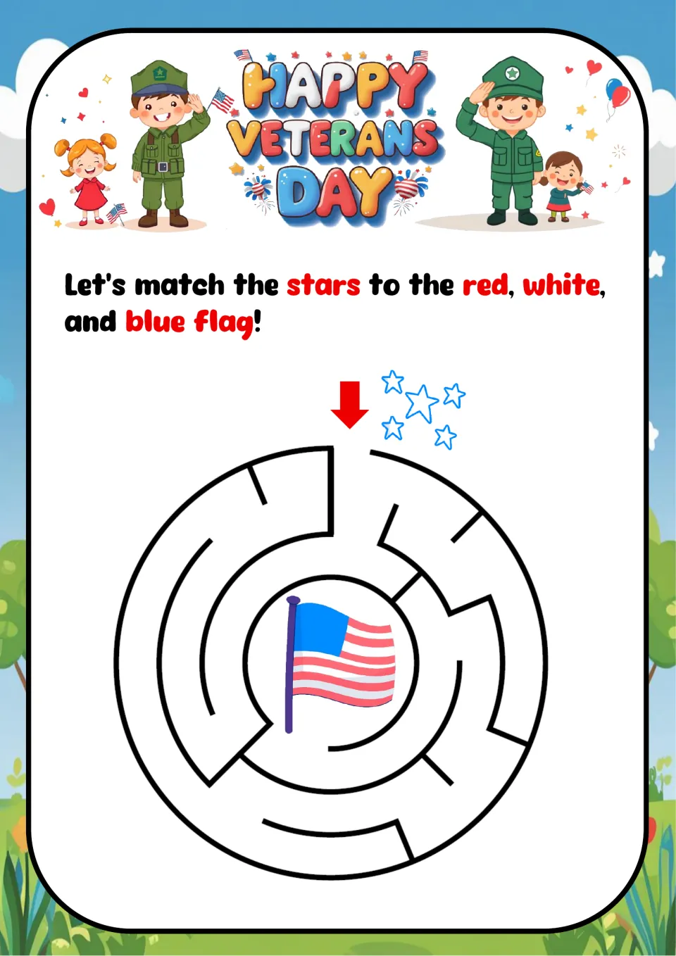 Veterans Day maze 2: follow the circular puzzle from the stars to the red, white, and blue flag in the center.
