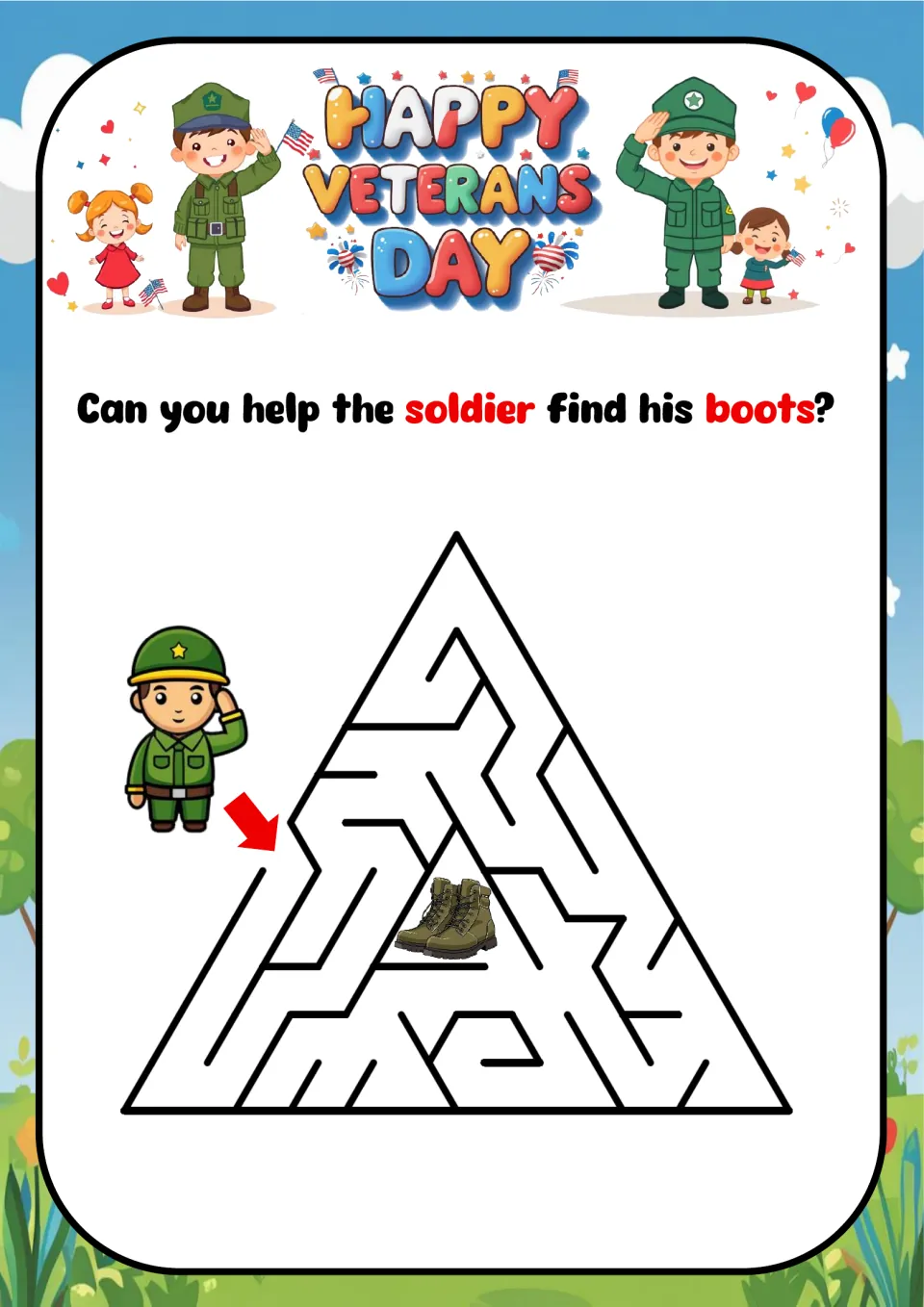 Veterans Day maze 3: help the soldier find his boots by following a path through the triangular puzzle.