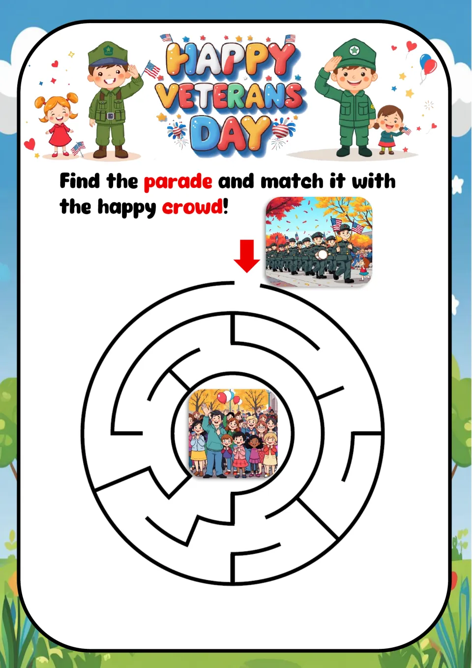 Veterans Day maze 5: connect the parade to the happy crowd by finding a route through the circular puzzle.