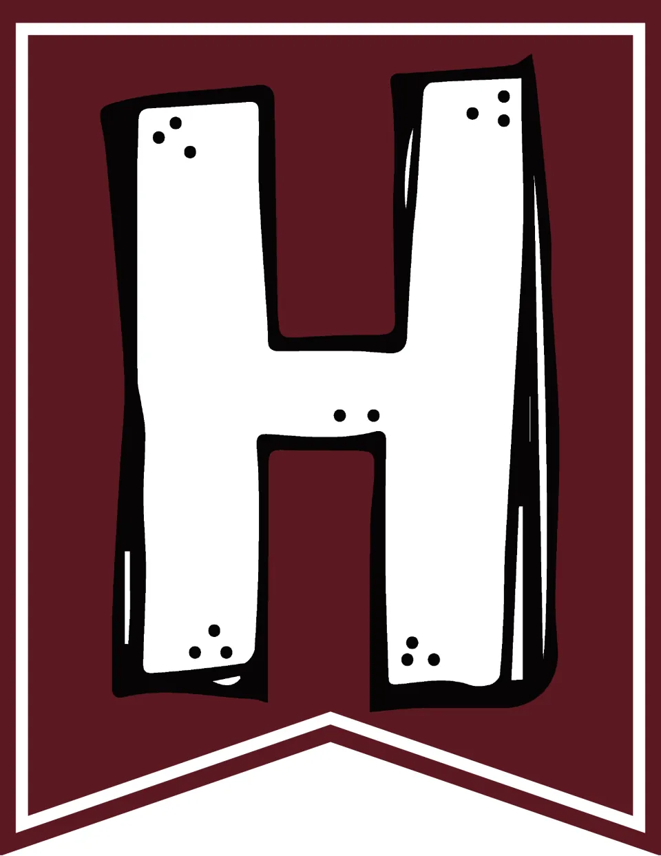 Veterans Day banner pennant: a white doodle capital H on maroon, first letter of the word Honoring spelled over pages 1-8