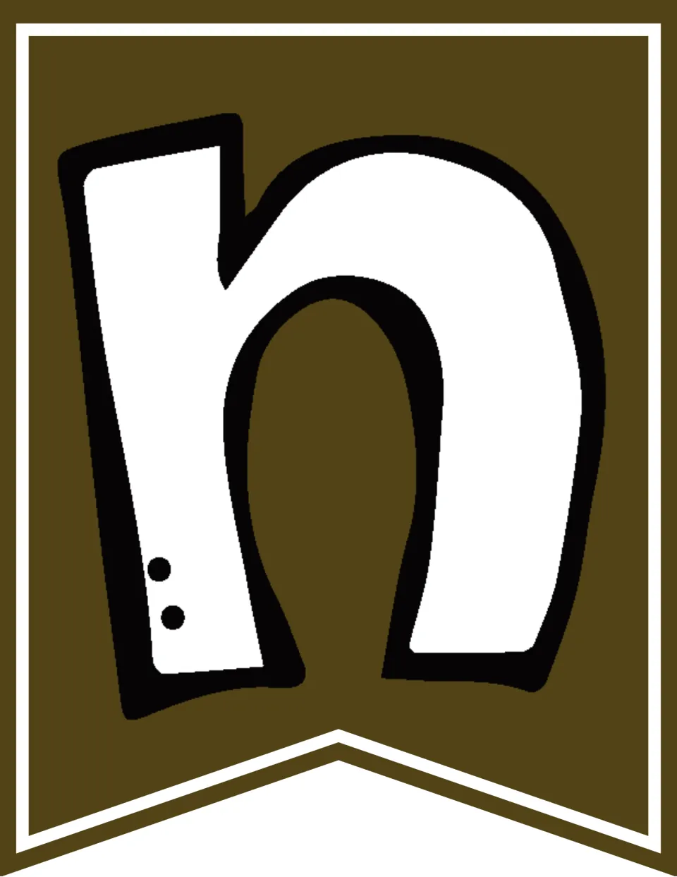 Olive brown banner pennant showing a white doodle lowercase n, the third letter in the banner word Honoring